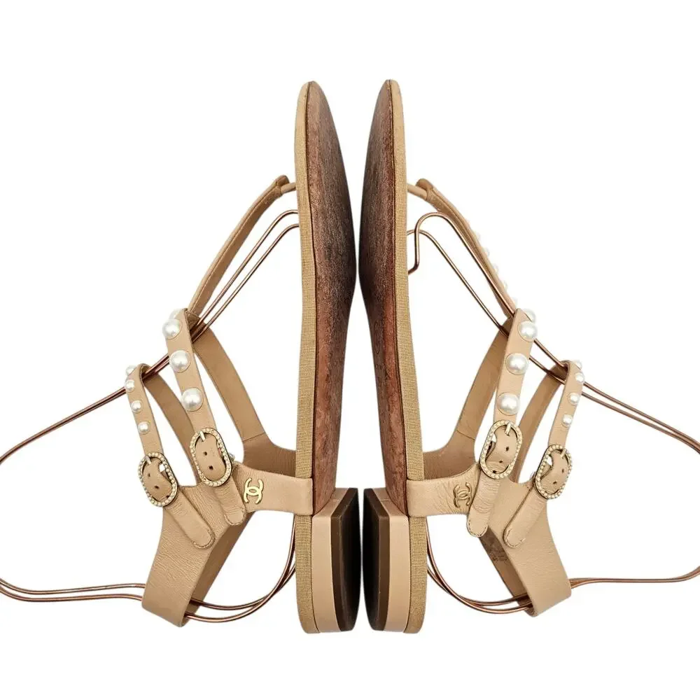 Chanel CC Pearl Flat T Strap Thong Sandal Beige Tan Leather Size 39.5 C US 8.5 9